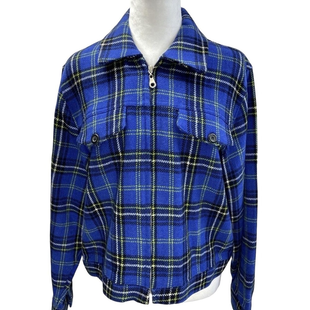 Express Jacket Womens Medium Blue Plaid Wool Flannel Zip Front Pockets Unlined